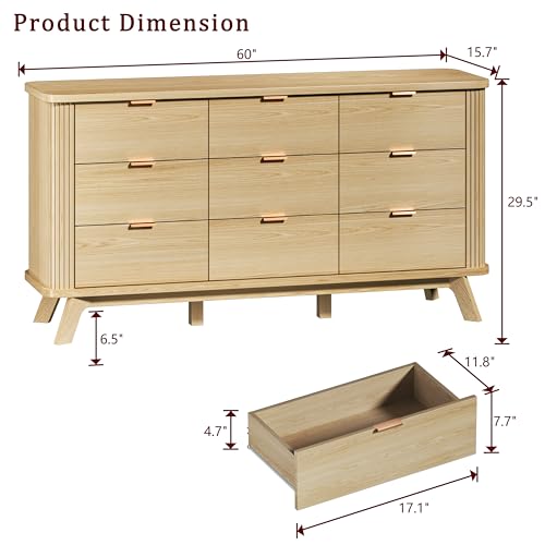 Image of HUAHUU Fluted 9 Drawers Dresser, 60 inch Mid Century Modern & Chests of Drawers, Curved Profile Design, Dresser TV Stand, for Entryway, Hallway, Bedroom, Oak