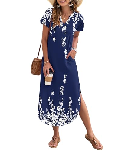 Image of MISFAY Women's Summer Maxi Dress 2026 Casual Short Sleeves V Neck Loose Sundress Split Long Beach T Shirt Dress