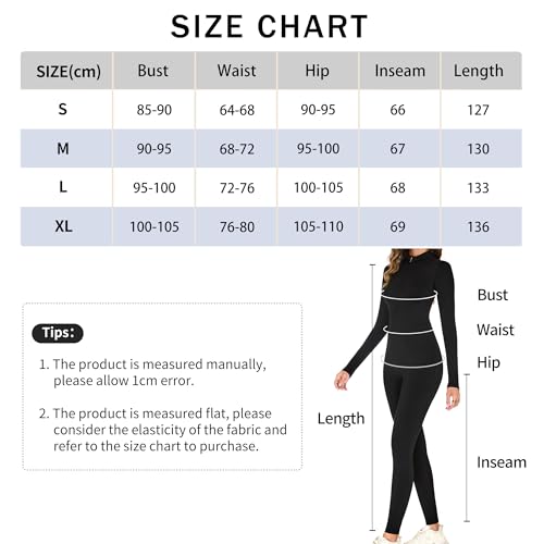 adorence Damen Sport Jumpsuit Lang Eng, Yoga Overall mit Reißverschluss, Langarm Sport Einteiler Romper Bodycon, Rollkragen Bodysuit Women Fitness Workout -Schwarz,S