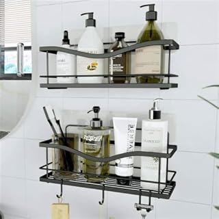 KINCMAX Shower Caddy Basket Shelf Pack of 2 - Adhesive No Drilling Kitchen or Bathroom Wall Racks - Black Shower Storage Shelves for In Shower w/ Hooks for Accessories