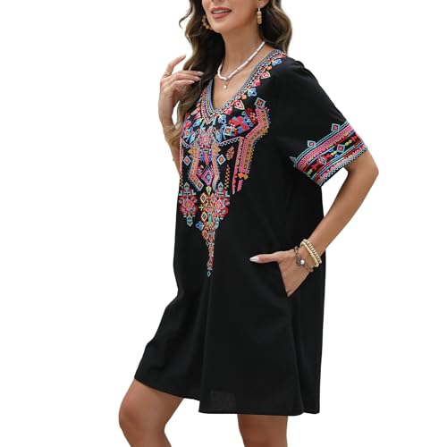 Image of Grosy Fiesta Embroidered Mexican Dress for Women Beach Vacation Plus Size Short Sleeve Summer Boho Dresses with Pocket