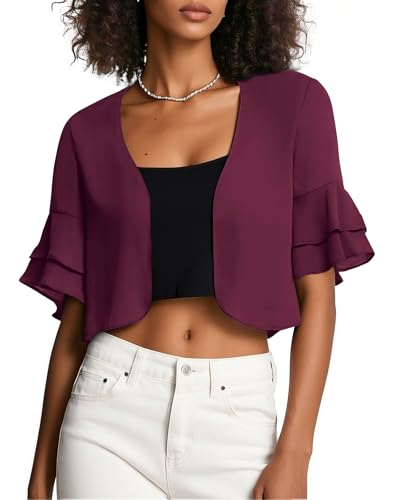 Image of Urban CoCo Women's Sheer Chiffon Bolero Shrug Ruffle Short Sleeve Open Front Cropped Cardigan for Dresses