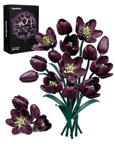 SupreOwls Botanicals Tulip Bouquet Building Set of 14 Artificial Dark Purple Tulips Flowers Gift Idea for Adults on Birthday Anniversary Valentines Day Christmas Gothic Home Decor