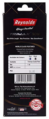 Image of Reynolds Trimax Gold Liquid Gel Pen, Needle Tip (0.5mm), Blue Ink