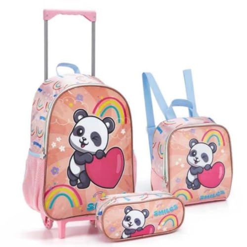 Kit Mochila Escolar Infantil De Rodinhas Urso/Panda/Coala com Lancheira Térmica e Estojo (PANDA)