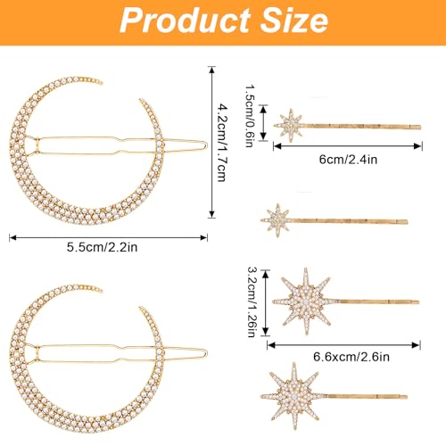 DOPENSPI 6 Pcs Vintage Celestial Hair Clips, Moon Star Hair Clips Crystal Decorative Bobby Pins Rhinestone Accessories for Women(Gold)