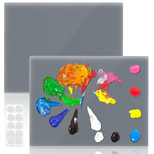 ELFULLY 2 Pack Neutral Grey Tempered Glass Palettes, 12' x 16' Large Paint Palette, Scratch Resistant Paint Mixing Pallets, Easy to Clean Artist Palette for Oil Acrylic Watercolor Gouache DIY Craft