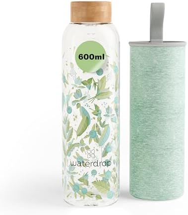 waterdrop® Flasche aus Glas 600ml - Trinkflasche Kohlensäure geeignet, spülmaschinenfest - auslaufsichere Wasserflasche mit Neoprenhülle - Borosilikat Glasflasche mit Schraubversch