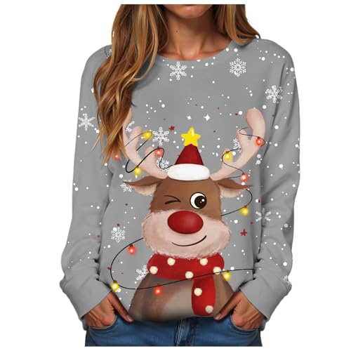 Image of Ladies Christmas Cute Reindeer Print Jumpers Christmas Sweatshirts For Women Loose Funny Xmas Jumpers Long Sleeve Crewneck Shirt Ladies Fashion Hoodies Sweaters (Grey, M)