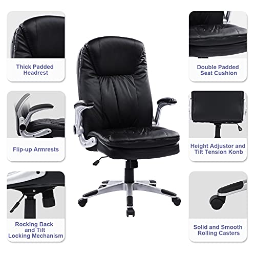 Bosmiller Executive Office Chair Ergonomic Leather Desk Chair With Flip-Up Arms Double Padded Seat Cushion And Adjustable Tilt Angle Lumbar Support Home Office Desk Chair For Home Office Work #TOP1