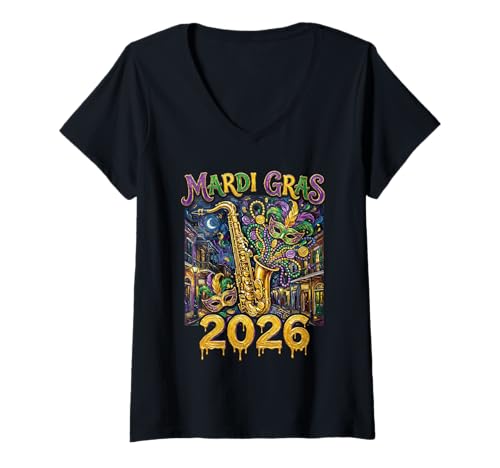 Femme Art de Mascarade de Saxophone Jazz New Orleans de Mardi Gras 2026 T-Shirt avec Col en V