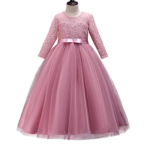 Girls Long Lace Bridesmaid Dress 3/4 Sleeves Floor Length Maxi Tulle Pageant Ball Gowns Wedding Party Dresses for Kids4