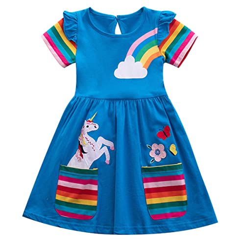 Unionkk Kids Girls Summer Casual Unicorn Dresses Cotton Short Sleeve Crew Neck Dress 2-7 Years (Short Sleeve-Blue, 4T) #TOP20