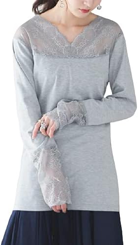 Amazon トップス レイヤード レディース レース レーストップス レイヤードトップス インナー シアー 無地 シンプル 長袖 ロンt カットソー 透け Vネック 肌着 下着 重ね着 きれいめ 黒 白 春 夏 Hug U グレー Tシャツ カットソー 通販