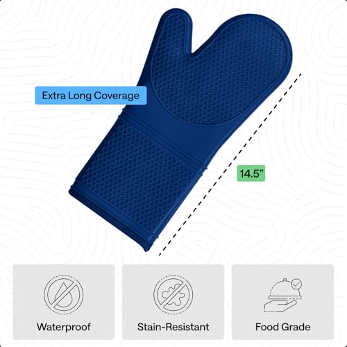 Image of GORILLA GRIP BPA-Free Soft Silicone Oven Mitts, 14.5x8.3, Heat Resistant and Waterproof Cooking Gloves, Thick Cotton Lining, Flexible Gripping for Baking Grilling, Kitchen Potholders Set of 2, Blue