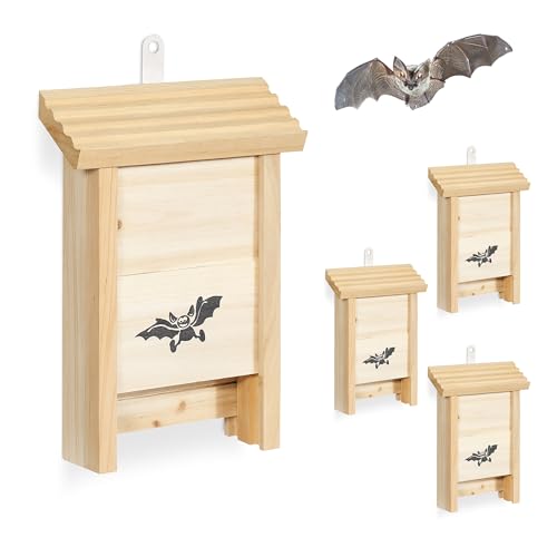 Relaxdays Fledermauskasten, 4er Set, Unterschlupf für Fledermäuse, unbehandeltes Holz, HBT: 25 x 18 x 6 cm, Natur