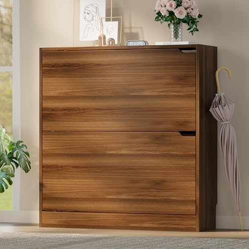 Image of BORNOON Shoe Cabinet with 2 Flip Drawers, Slim Narrow Shoe Storage Cabinet, Freestanding Shoe Organizer with Adjustable & Removable Shelves, Top Display Shelf for Entryway, Hallway, Foyer, Closet