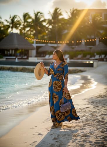 Image of Yajedo Womens Casual Summer Maxi Dress Plus Size Sexy Wrap V Neck 3 /4 Sleeve Sundress with Pockets