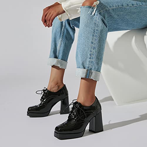 Seifin Women's Patent Leather Block High Heel Platform Pumps Square Toe Lace Up Ankle Booties Chunky Wingtip Oxford Dress Shoes(Black,Us 11) #TOP5