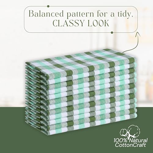 Image of Checked Kitchen Towels 12 Pack, 18 inchx26 inch, 100% Cotton, Absorbent Dish Towels for Kitchen Drying, Reusable Dishcloths for Cleaning, Quick Dry Wash Rags - Mint Green, Aqua Green, White