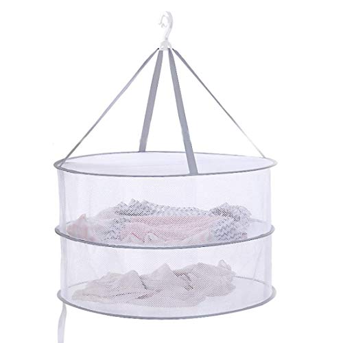 Drying Rack Net 2 Layers Collapsible Mesh Basket Dryer Net White Mesh Clothes Hanging Dryer Rack with Zipper Opening for Lingerie Underwears Woollen Sweater Garments Plush Hanger Rack-Round Zipper