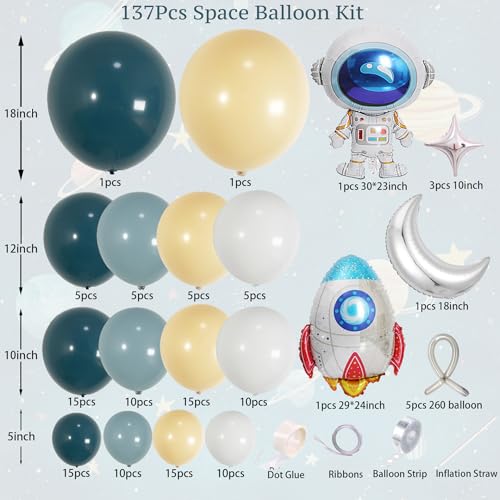 Image of ECEAE 137Pcs Space Balloon Arch Garland Kit - Dusty Blue Nude White Color Balloons with Rocket Astronaut Moon Star Balloons, for First Trip Around the Sun Baby Boy Birthday Party Decorations