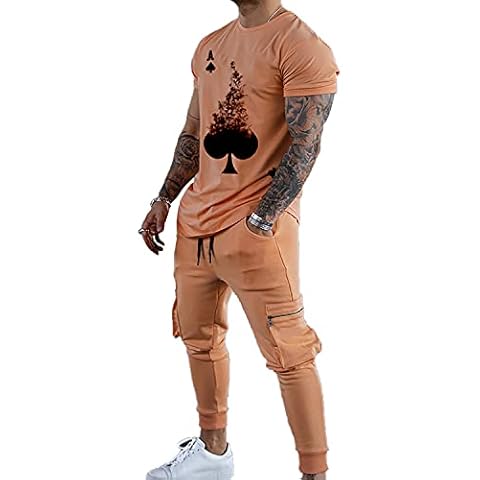IWQBQ Men's Tracksuits T-shirt and Pants Set Outfit Two-piece Fitness Training Casual Sports Suits(XL,Orange) Cover