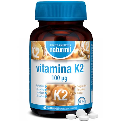 Vitamina K2 100 µg MK-7 - Menaquinona 7 Derivada de Natto - Coagulación Sanguínea y Mantenimiento de Huesos - 60 Comprimidos - Sin Gluten - Naturmil DietMed