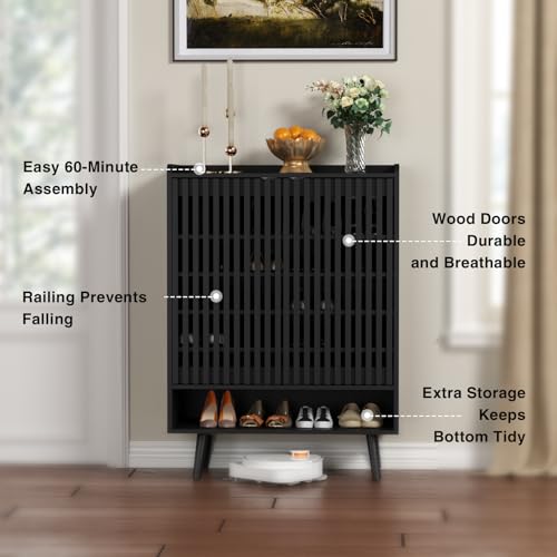 Black Shoe Cabinet Up to 24 Pairs, Large Shoe Storage Cabinet for Entryway, Freestanding Shoe Organizer Cabinet with Adjustable Shelves for Entryway, Hallway, Black