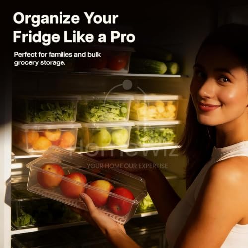 Image of HomeWiz Fridge Storage Containers 1500ml x8 |Air Tight Storage Container Set with Removable Drain Plate|Fridge Organiser Storage Boxes|Food Grade Plastic Containers, Stackable for Fruits & Vegetables