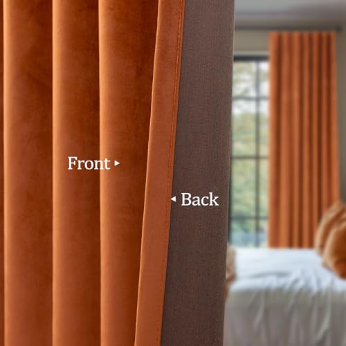 Image of Burnt Orange Velvet Curtains 72 Inch Length 2 Panels for Dining Room Living Back Tab Pleated Thermal Insulated Curtains for Summer Heat Block Winter Rust Terracotta Drape for Girls Bedroom Kids Funky