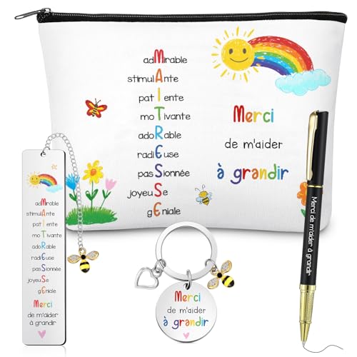 Clabby Set de 4 Pièces Cadeaux Fin d'Année Maitresse Trousse de Maquillage Marque Page Merci de M'aider à Grandi Porte Clef Stylo Cadeau Personnalisé pour...