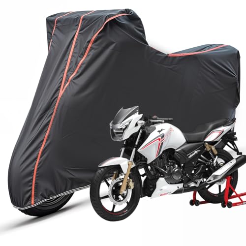 Image of Two Wheelers Bike Body Cover Compatible for TVS Apache RTR 180, UV Resistant, Dustproof, Triple Stitched, Elastic Bottom, Red Piping Motorcycle Cover (Black, Pack of 1)