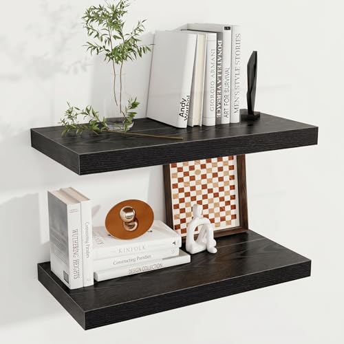 Image of Fun Memories 12 Inch Deep Floating Shelves for Wall, 20 Inch Long Wall Mounted Storage Shelf with Invisible Brackets, 2 Pack Hanging Wood Shelf for Farmhouse, Bedroom, Kitchen, Living Room, Black