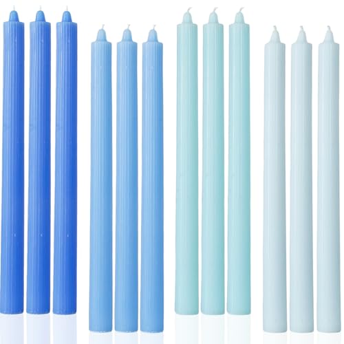 LPUSA Blue Taper Candles 10.5 inch Ribbed Tapered Candles Ideal as Dinner Candle Smokeless Driples Unscented Candlesticks Long Burning,Set of 12