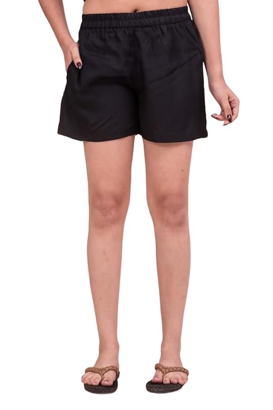 Sharnam Assesociate Women's Pure Cotton Regular Relaxed Fit Solid Print Design Thigh Length Casual Summer Running Yoga Gym Night Wear Shorts Elastic Waistband and Adjustable Drawstring with Pocket-picture-42