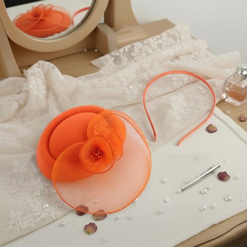 Image of DRESHOW Fascinator Hats for Women Cocktail Tea Party Hat Netted Pillbox Hat Vintage Derby Hats for Bridal Wedding