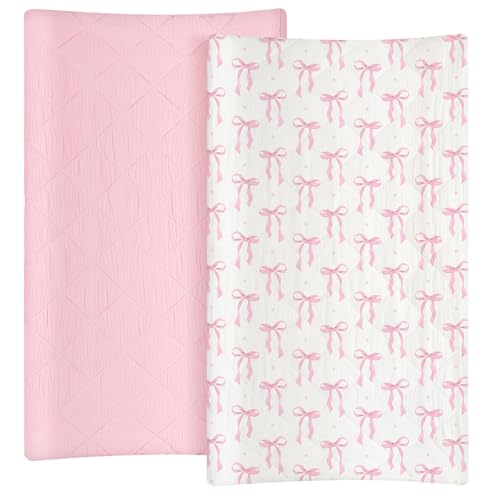 Frienda 2 Pack Pink Changing Pad Covers Waterproof Pink Bow Muslin Changing Pad Covers 32 x 16 Inch Coquette Quilted Cotton Fitted Diaper Sheet Breathable Extra Thick Sheets for Girls