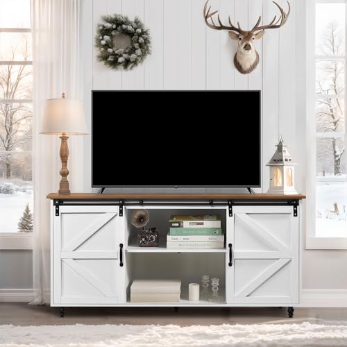 Farmhouse Coffee Bar Cabinet, 58 Inch Kitchen Buffet Cabinet with Storage Shelf, Gourd Legs, Coffee Bar Table Cabinet with Sliding Barn Door for Kitchen Dining Room, White(White, 58 Inch)