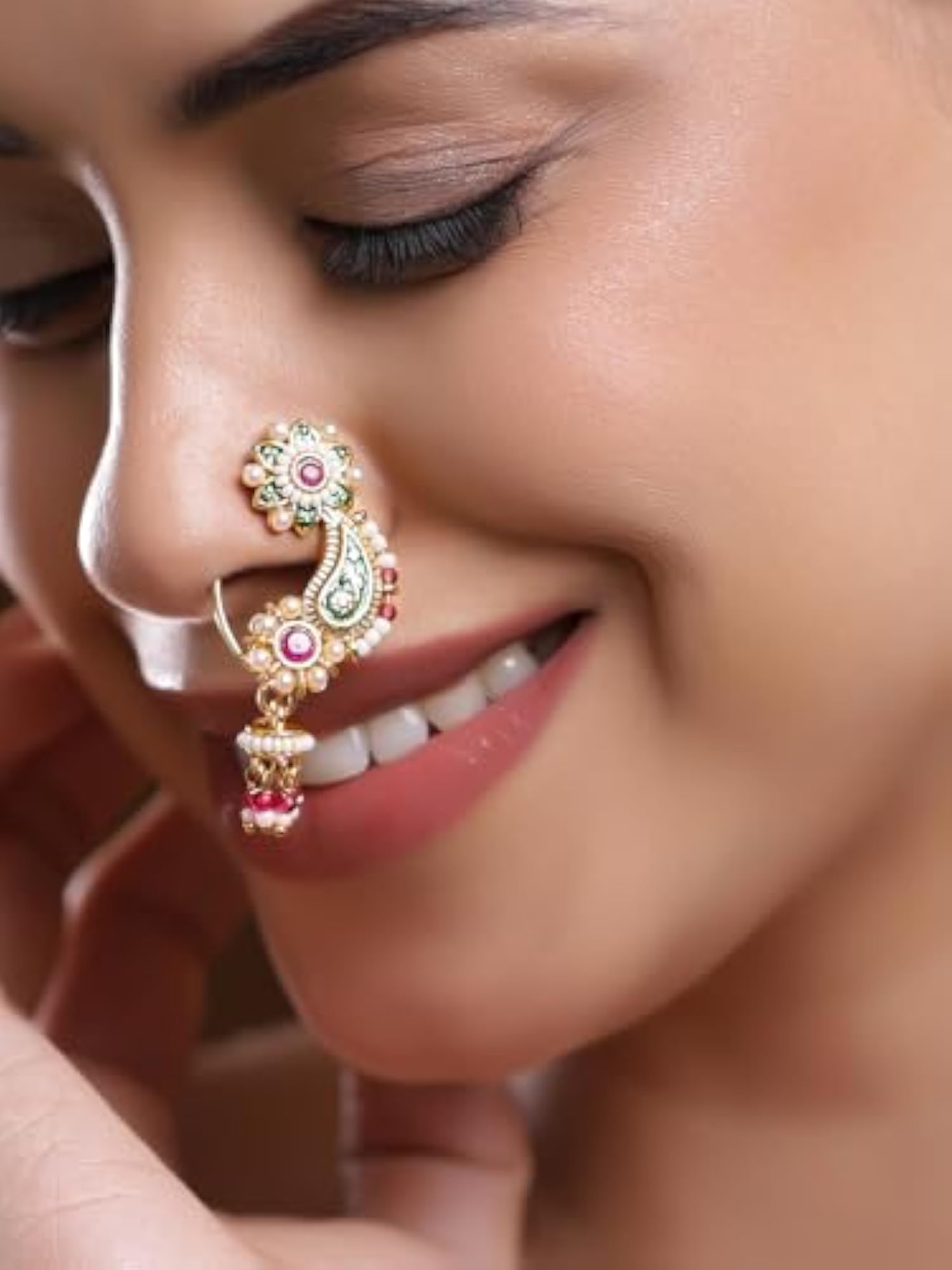 Women's Pearl Ruby Pink Oval Non Pierced Clip on Nath