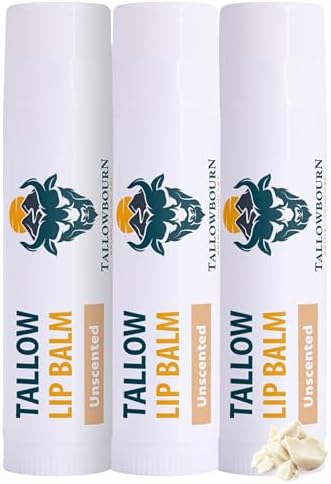 Tallowbourn Moisturizing Tallow Lip Balm – Grass-Fed Beef Tallow with Organic Coconut Oil, Beeswax, and Vitamin E – Unscented Lip Balm Set – Travel Essential - 3-Pack