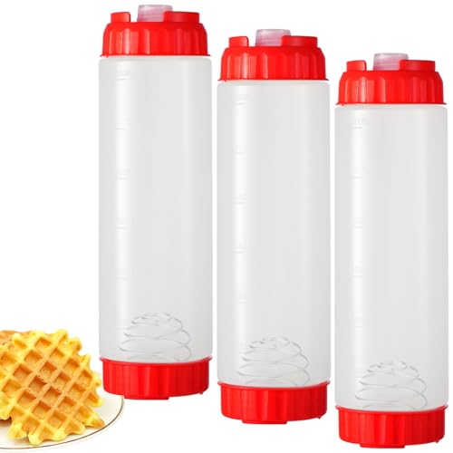 3 Pack Pancake Batter Dispenser and Mixer with BlenderBall Wire Whisk, Pancake Shaker Batter Dispenser, Kitchen Batter Bottle Squeeze for Cupcakes, Muffins, Crepes, Breakfast Art, and More (Red)