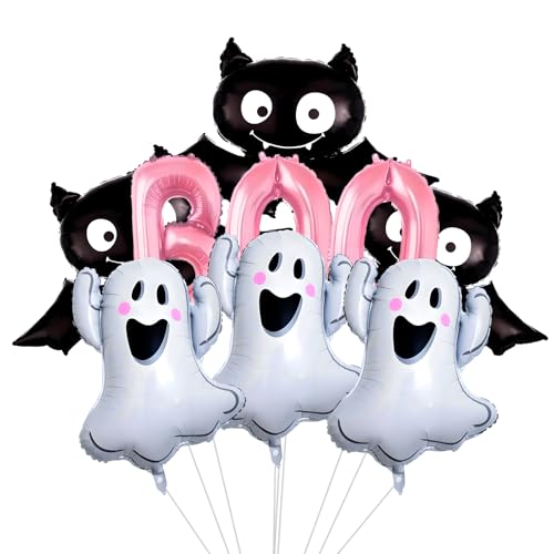 9Pcs Halloween Balloons Decorations Pink BOO Bat Ghost Foil Ballo...
