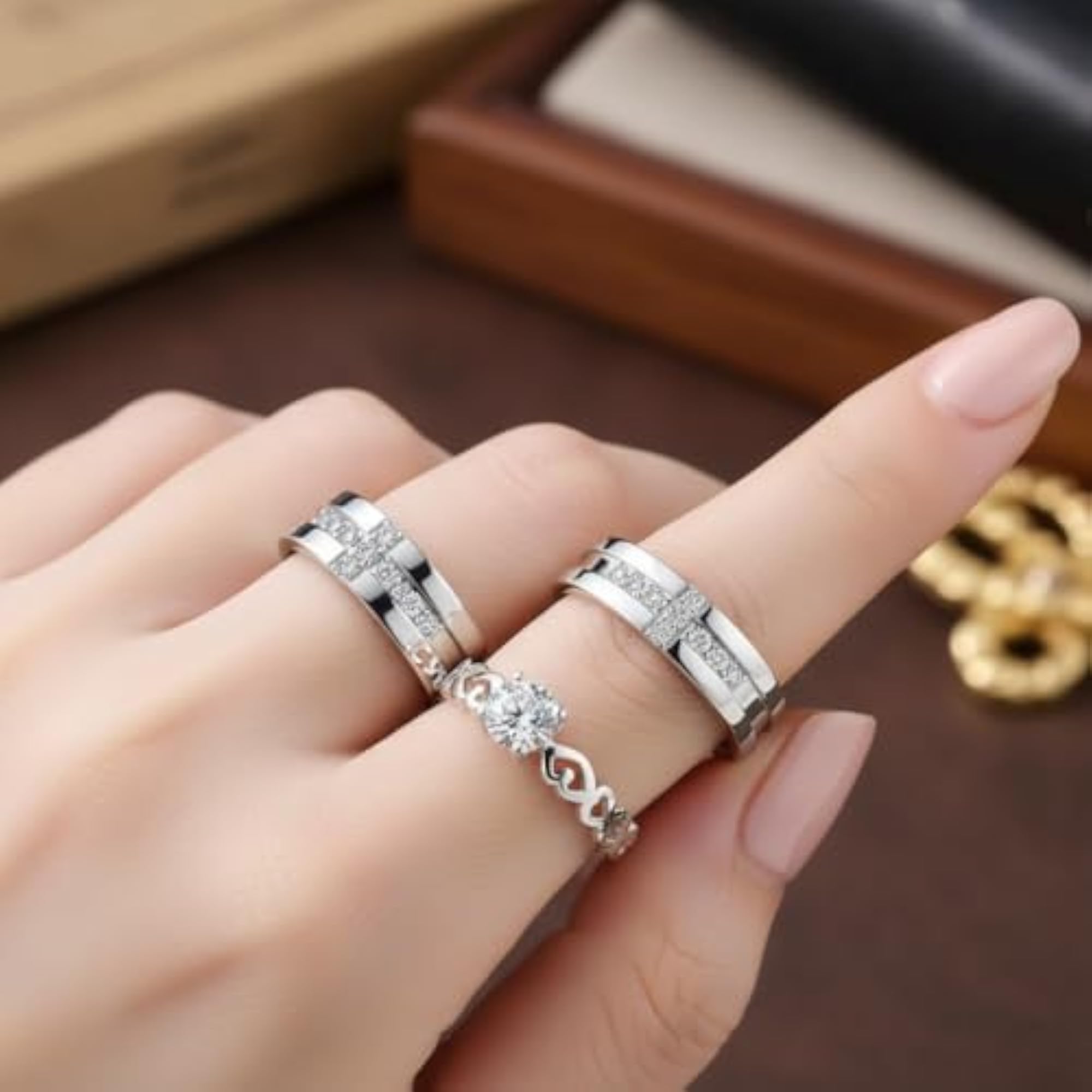 Adjustable Couple Rings Set with Heart Design, Matching