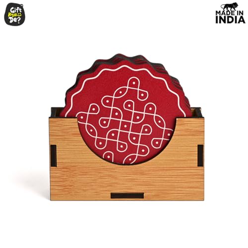 GKD Coaster Set of 6 Fine Art Wooden Coasters with Proper Coaster Stand Coaster Set Fit for Tea Cups, Coffee Mugs and Glasses (3.5 X 3.5 Inch, Fine Design) Red