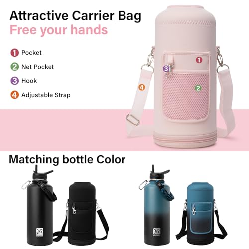Insulated Water Bottle | Thickened Stainless Steel for Gym and Hiking with Straw, Carrier Bag, Handle Strap | BPA-Free 87 oz