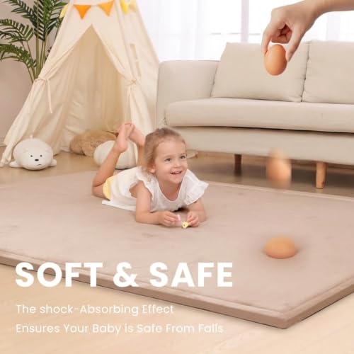 Image of Baby Play Mat for Floor,1.3 inch Thick Memory Foam Tummy Time Mat,Soft Coral Velvet Nursery Rug,Extra Large Non Slip Crawling Mats for Living Room(Light Brown)
