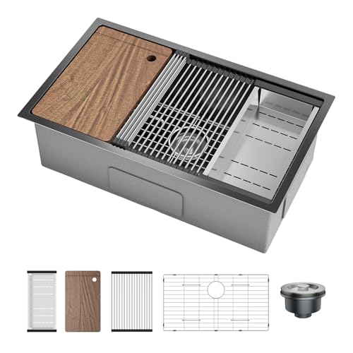 Undermount Kitchen Sink, 32x19 Inch Stainless Steel Kitchen- Single Bowl Sinks, Modern Top Mount 16 Gauge Workstation Sink-with Cutting Board for Bar, Black (Not Included Faucet)