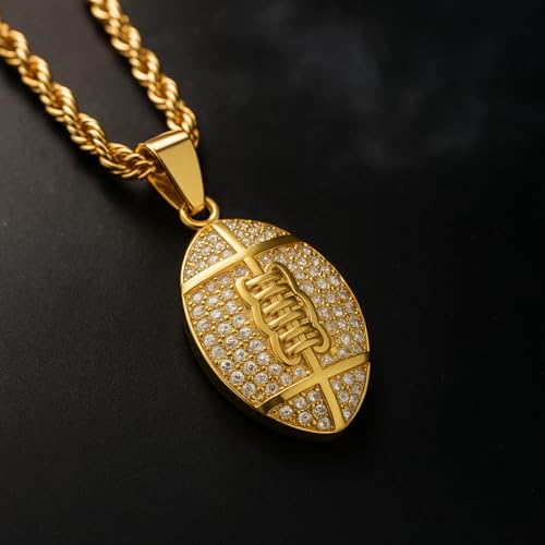 Mens Necklace – Steeltime Football Pendant Chain for Men – Stainless Steel Jewelry with CZ Stones – Waterproof Rope Chain – Mens Pendant – American Football Necklace2