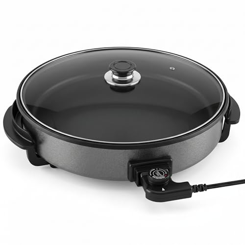 Shov Poêle à pizza électrique et cocotte multifonction, taille XL, 48 cm de diamètre, 7 cm de profondeur, avec revêtement antiadhésif et couvercle en...